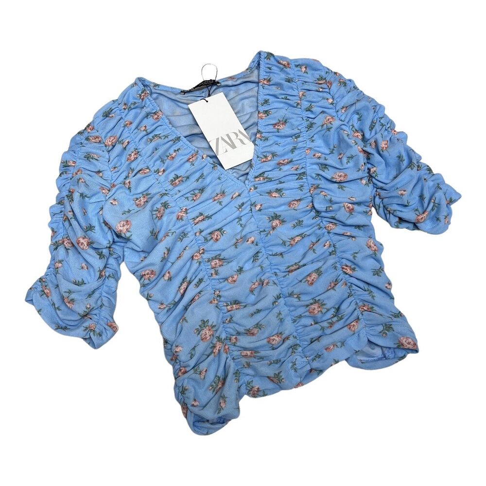 ZARA Blouse Blue Floral Tulle Ruched Cropped Feminine - Picture 8 of 13